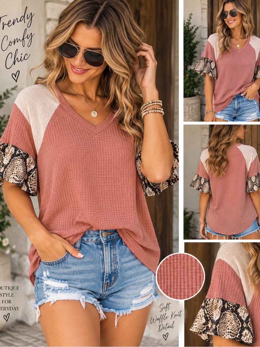 twenty second Dusty Rose Waffle Knit V-Neck Top with Snake Print Ruffle Sleeves